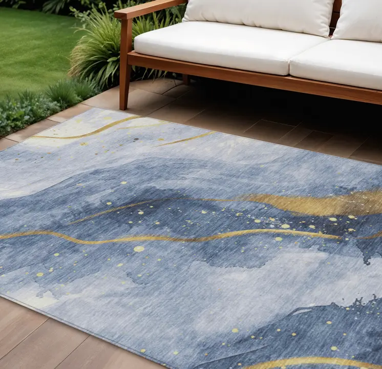 8' X 10' Blue And Gold Abstract Washable Indoor Outdoor Area Rug