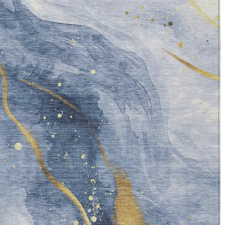 9' X 12' Blue And Gold Abstract Washable Indoor Outdoor Area Rug