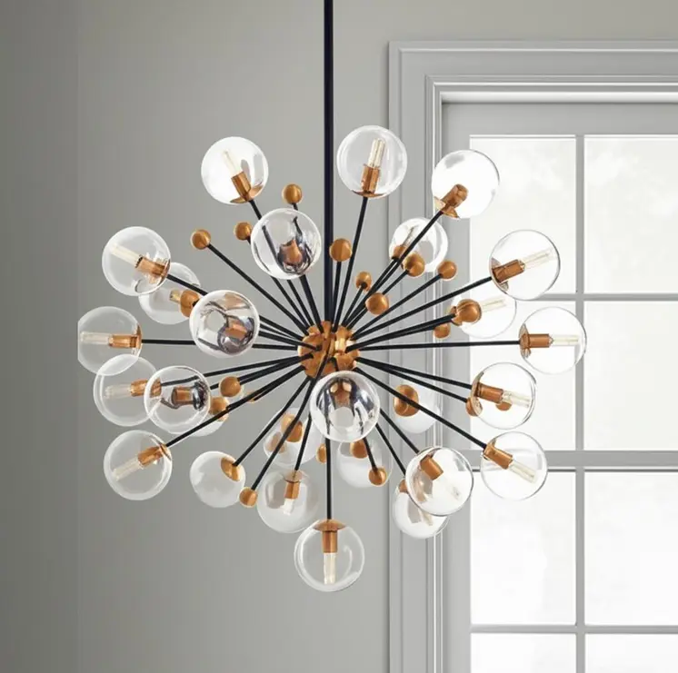 Black And Gold Sputnik Multi Light Metal and Glass Dimmable Chandelier With Clear Shades