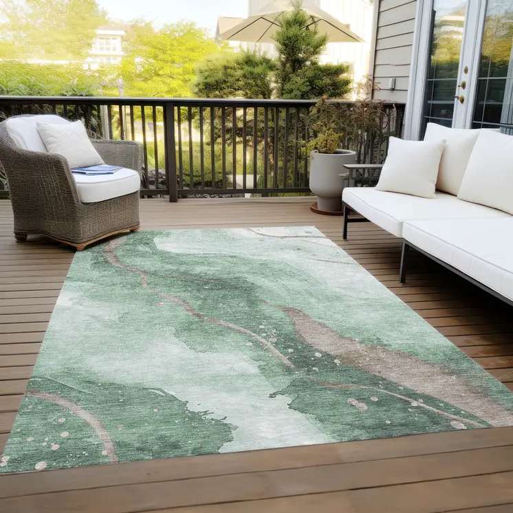 3' X 5' Green And Taupe Abstract Washable Indoor Outdoor Area Rug