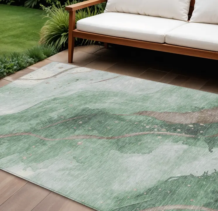 8' X 10' Green And Taupe Abstract Washable Indoor Outdoor Area Rug