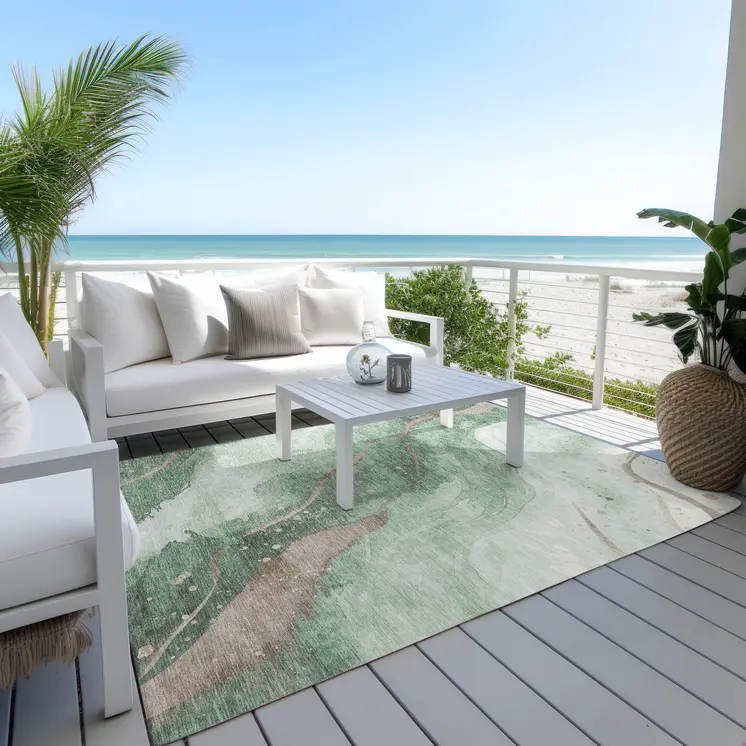 8' X 10' Green And Taupe Abstract Washable Indoor Outdoor Area Rug