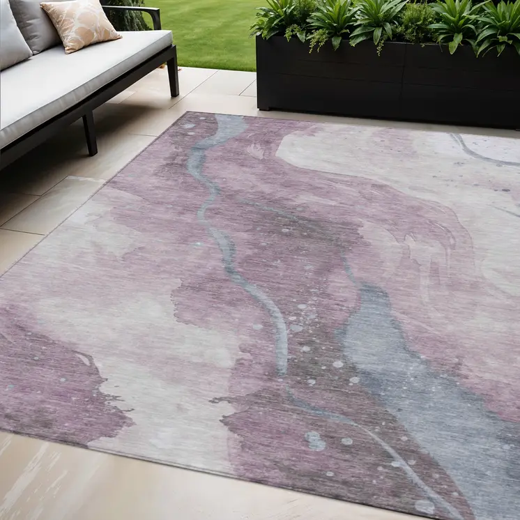 5' X 8' Lavender And Denim Blue Abstract Washable Indoor Outdoor Area Rug