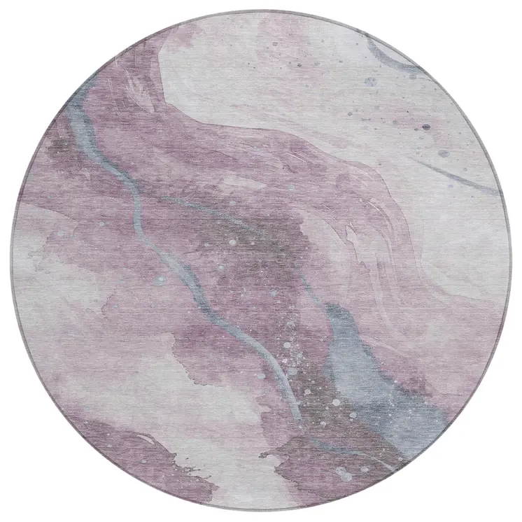8' Lavender And Denim Blue Round Abstract Washable Indoor Outdoor Area Rug
