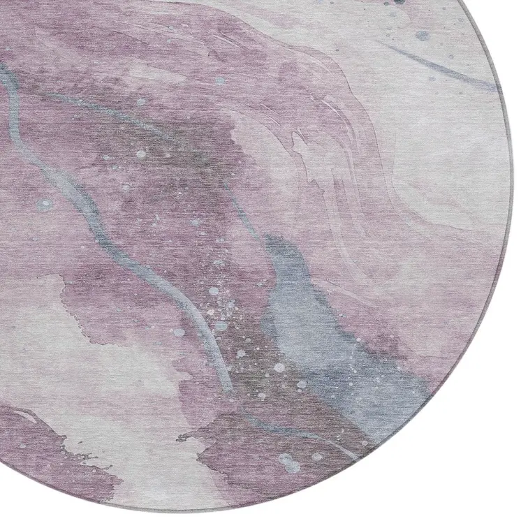 8' Lavender And Denim Blue Round Abstract Washable Indoor Outdoor Area Rug