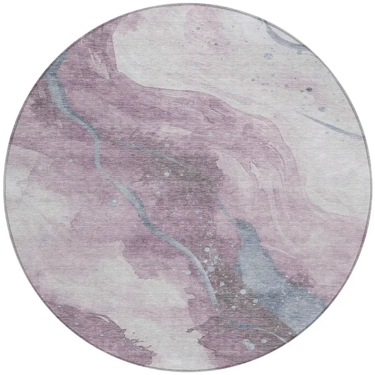 8' Lavender And Denim Blue Round Abstract Washable Indoor Outdoor Area Rug
