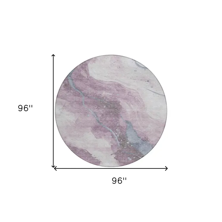 8' Lavender And Denim Blue Round Abstract Washable Indoor Outdoor Area Rug