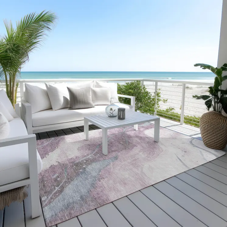 9' X 12' Lavender And Denim Blue Abstract Washable Indoor Outdoor Area Rug