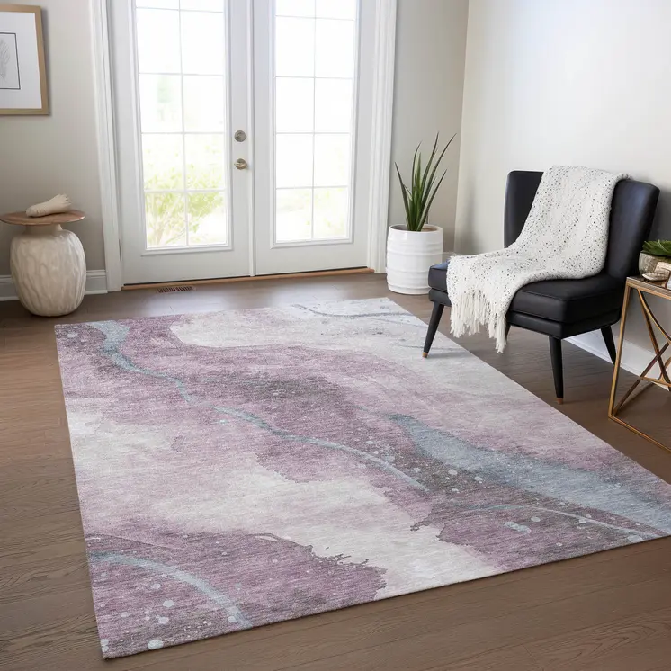 9' X 12' Lavender And Denim Blue Abstract Washable Indoor Outdoor Area Rug