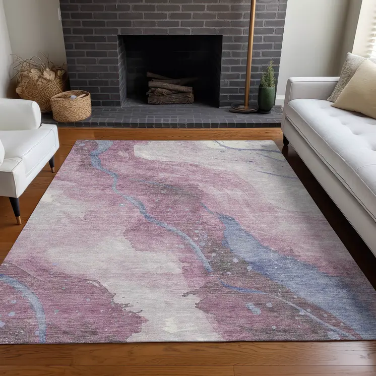 5' X 8' Mauve And Pink Abstract Washable Indoor Outdoor Area Rug
