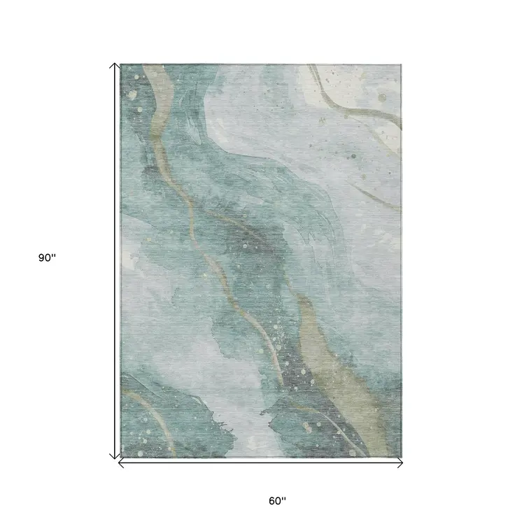 5' X 8' Teal Blue And Aqua Abstract Washable Indoor Outdoor Area Rug