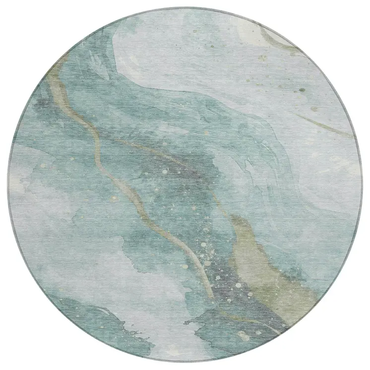 8' Teal Blue And Aqua Round Abstract Washable Indoor Outdoor Area Rug