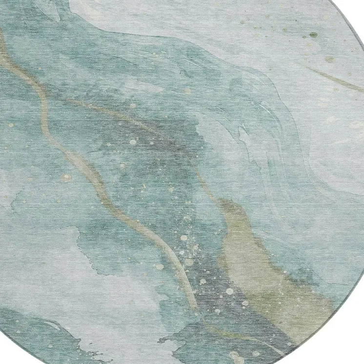8' Teal Blue And Aqua Round Abstract Washable Indoor Outdoor Area Rug