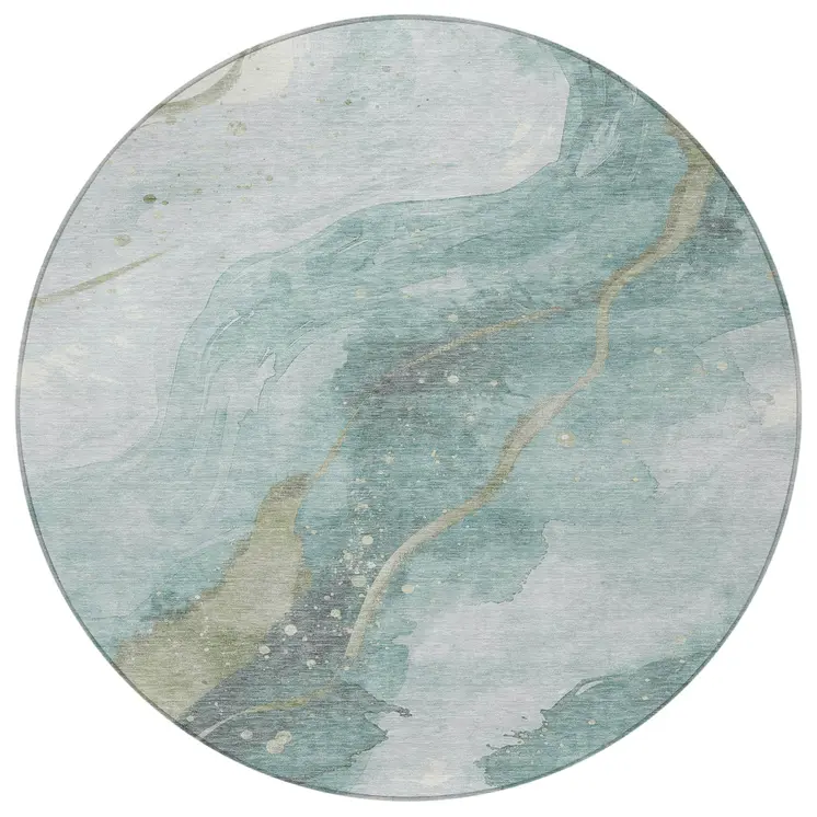8' Teal Blue And Aqua Round Abstract Washable Indoor Outdoor Area Rug