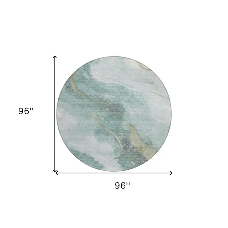 8' Teal Blue And Aqua Round Abstract Washable Indoor Outdoor Area Rug