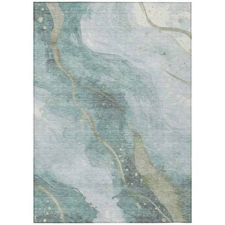 8' X 10' Teal Blue And Aqua Abstract Washable Indoor Outdoor Area Rug