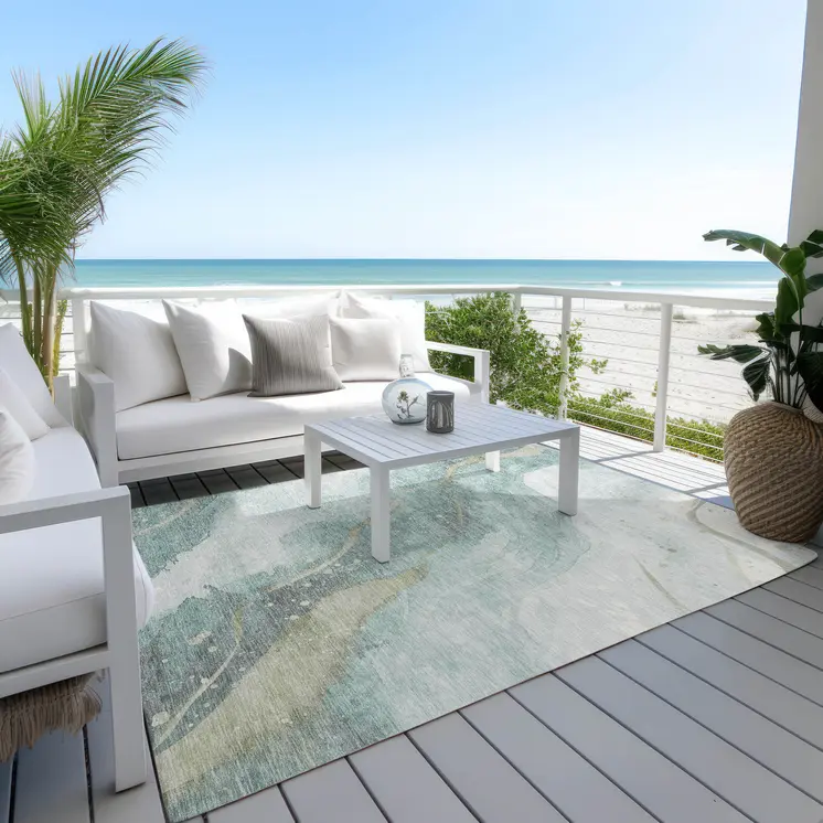 9' X 12' Teal Blue And Aqua Abstract Washable Indoor Outdoor Area Rug