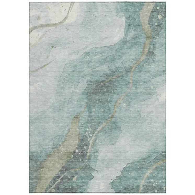 10' X 14' Teal Blue And Aqua Abstract Washable Indoor Outdoor Area Rug