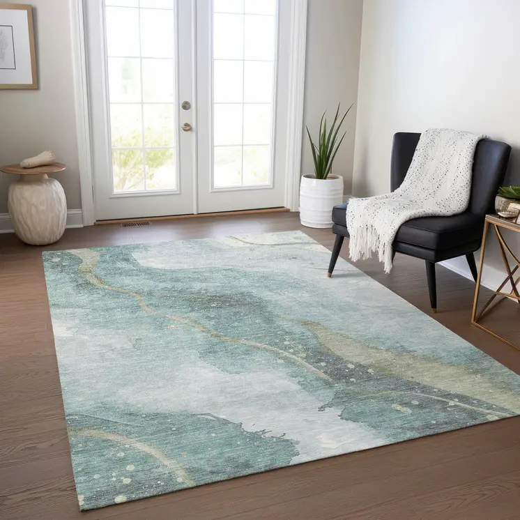 10' X 14' Teal Blue And Aqua Abstract Washable Indoor Outdoor Area Rug