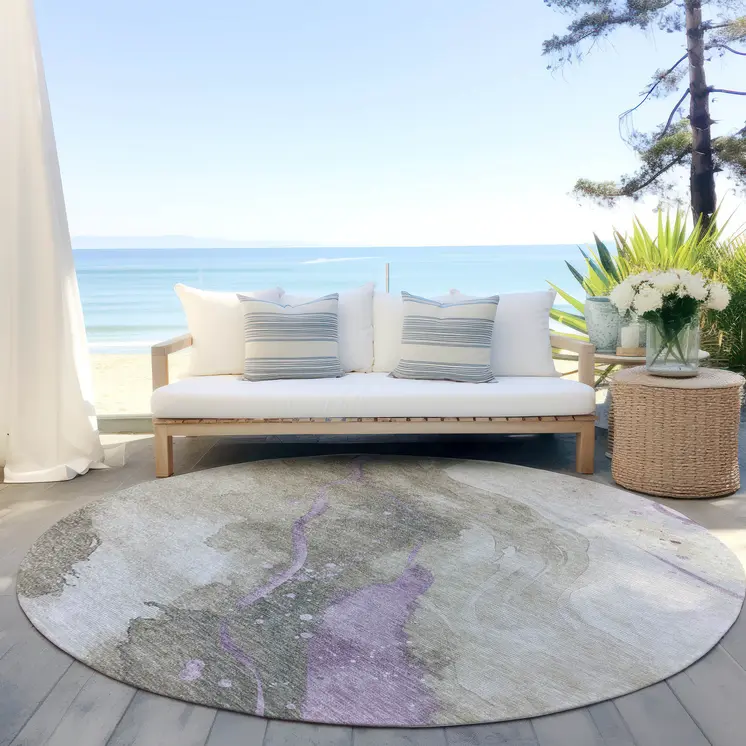 8' Taupe And Lavender Round Abstract Washable Indoor Outdoor Area Rug