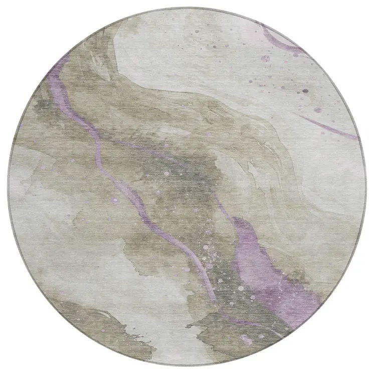 8' Taupe And Lavender Round Abstract Washable Indoor Outdoor Area Rug