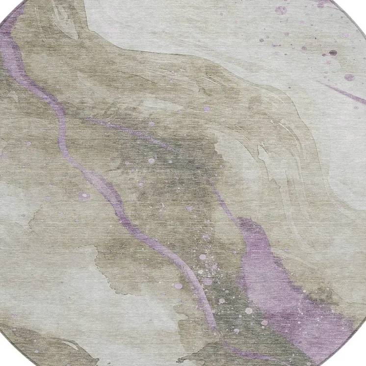 8' Taupe And Lavender Round Abstract Washable Indoor Outdoor Area Rug