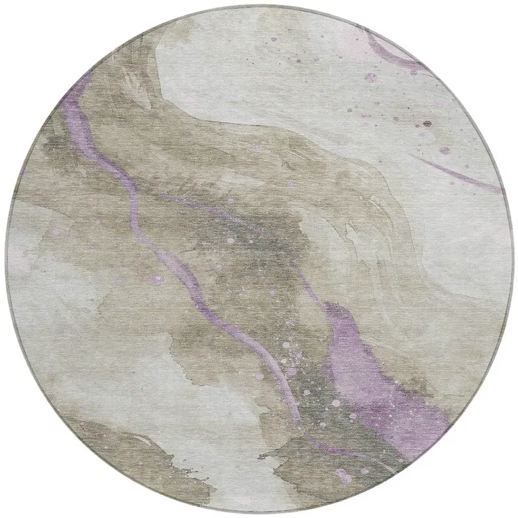 8' Taupe And Lavender Round Abstract Washable Indoor Outdoor Area Rug