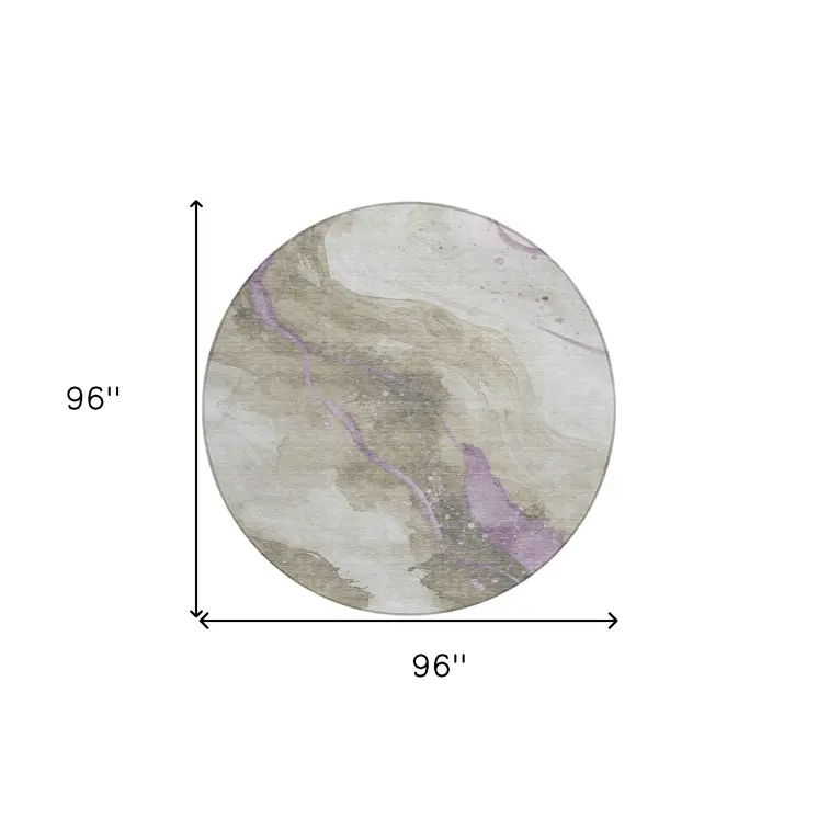 8' Taupe And Lavender Round Abstract Washable Indoor Outdoor Area Rug