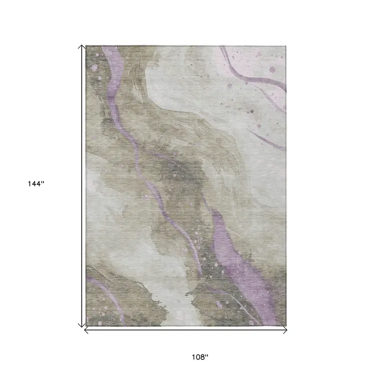 9' X 12' Taupe And Lavender Abstract Washable Indoor Outdoor Area Rug