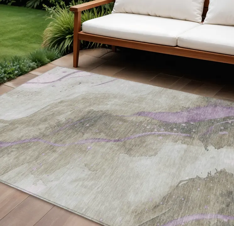 9' X 12' Taupe And Lavender Abstract Washable Indoor Outdoor Area Rug