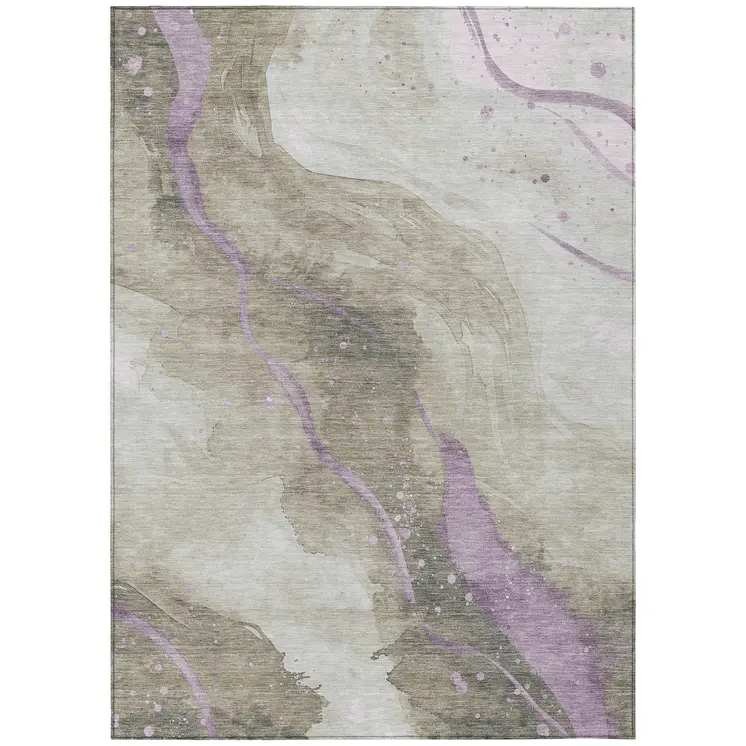 9' X 12' Taupe And Lavender Abstract Washable Indoor Outdoor Area Rug