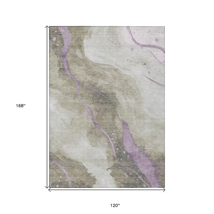 10' X 14' Taupe And Lavender Abstract Washable Indoor Outdoor Area Rug