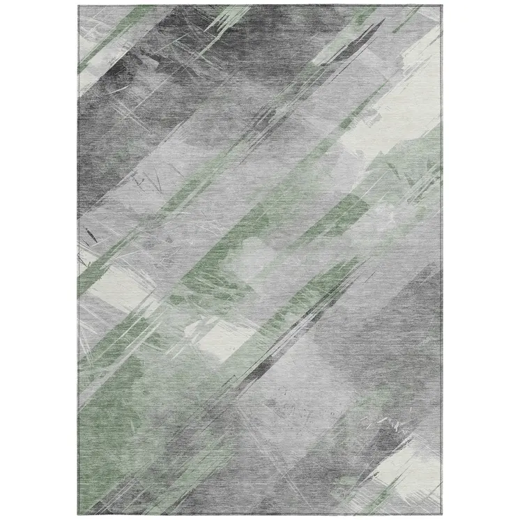 5' X 8' Artichoke Green And Gray Striped Washable Indoor Outdoor Area Rug