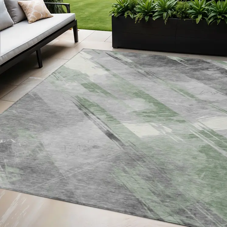 5' X 8' Artichoke Green And Gray Striped Washable Indoor Outdoor Area Rug