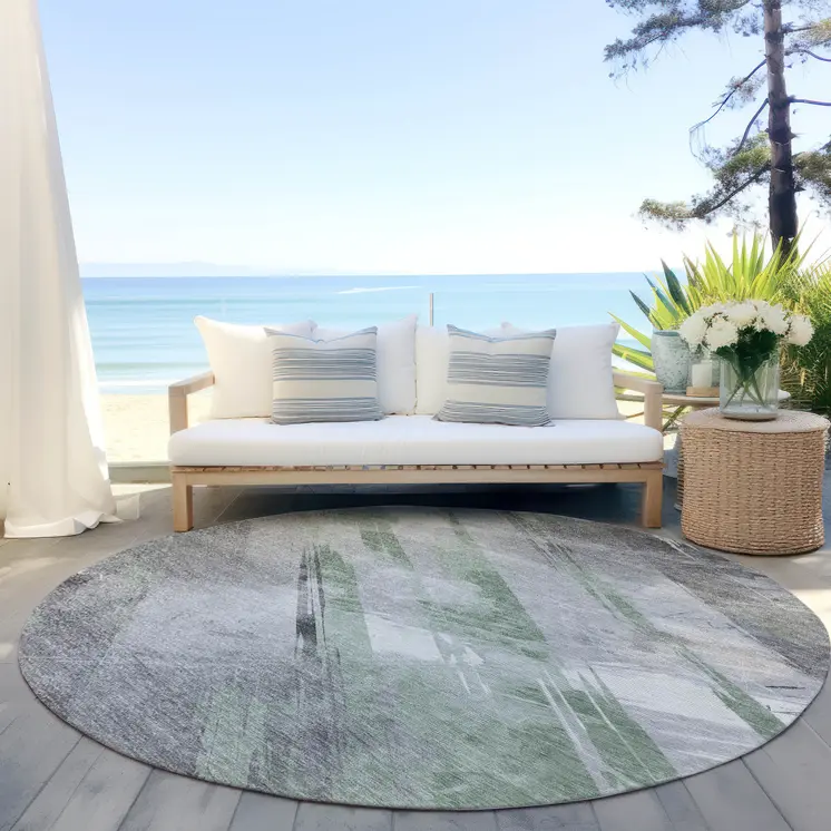 8' Artichoke Green And Gray Round Striped Washable Indoor Outdoor Area Rug