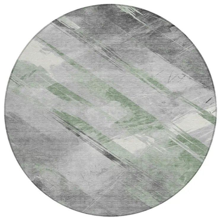 8' Artichoke Green And Gray Round Striped Washable Indoor Outdoor Area Rug
