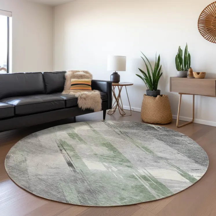 8' Artichoke Green And Gray Round Striped Washable Indoor Outdoor Area Rug