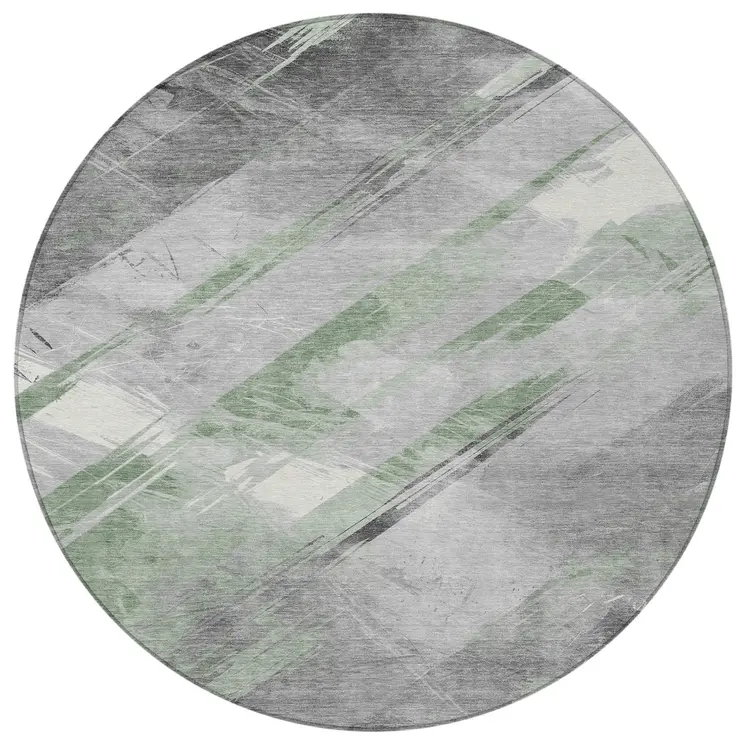 8' Artichoke Green And Gray Round Striped Washable Indoor Outdoor Area Rug