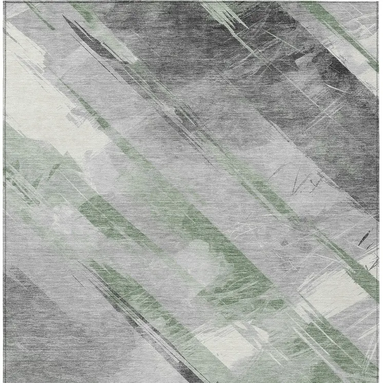 8' X 10' Artichoke Green And Gray Striped Washable Indoor Outdoor Area Rug