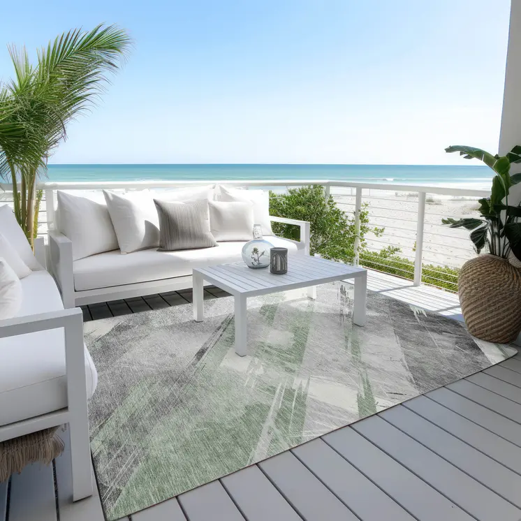 8' X 10' Artichoke Green And Gray Striped Washable Indoor Outdoor Area Rug