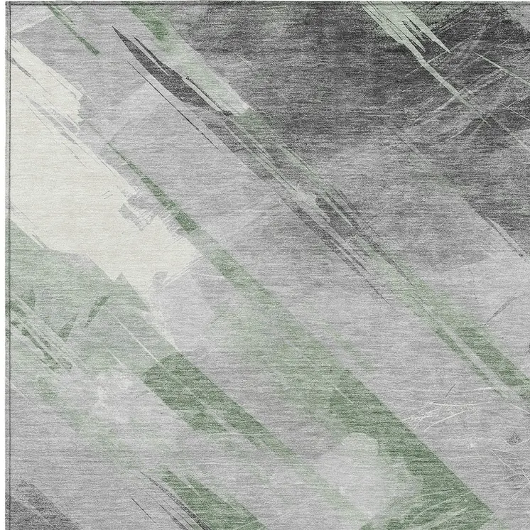 8' X 10' Artichoke Green And Gray Striped Washable Indoor Outdoor Area Rug