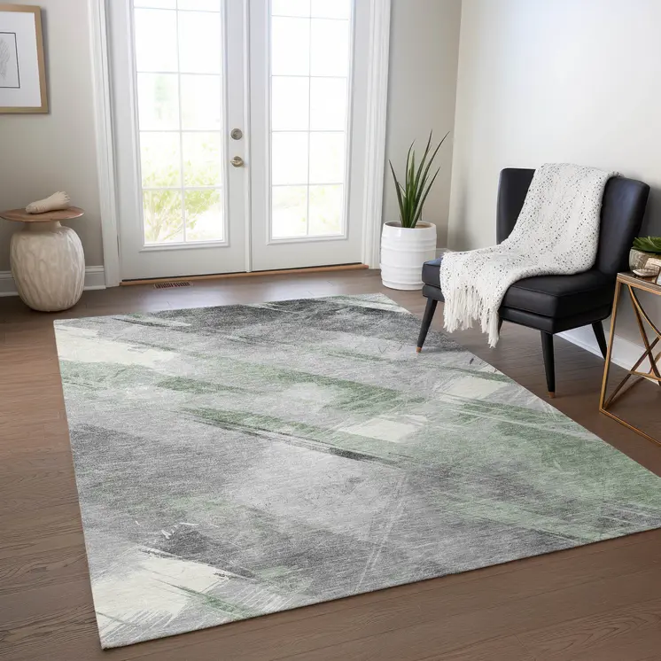 8' X 10' Artichoke Green And Gray Striped Washable Indoor Outdoor Area Rug
