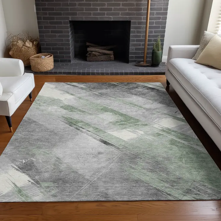 8' X 10' Artichoke Green And Gray Striped Washable Indoor Outdoor Area Rug