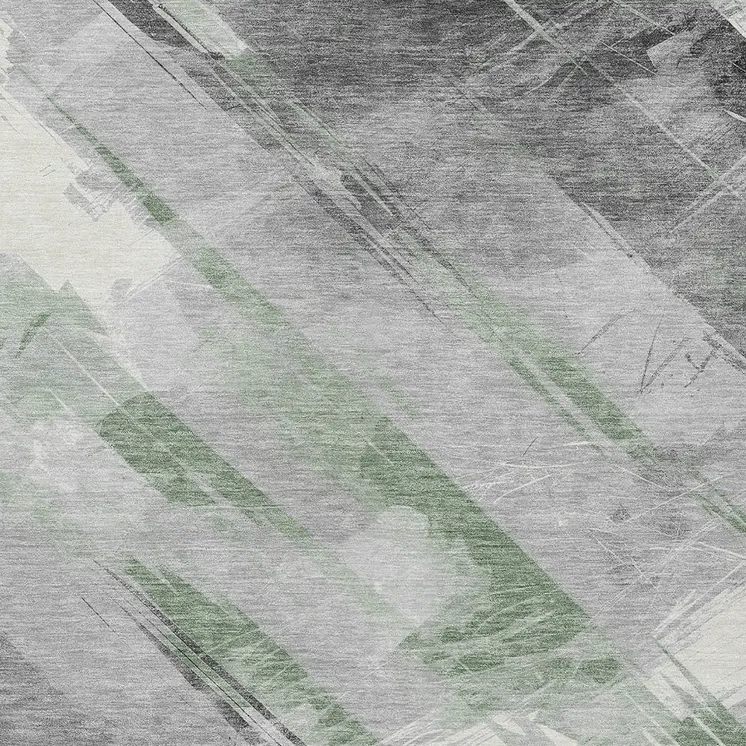 9' X 12' Artichoke Green And Gray Striped Washable Indoor Outdoor Area Rug