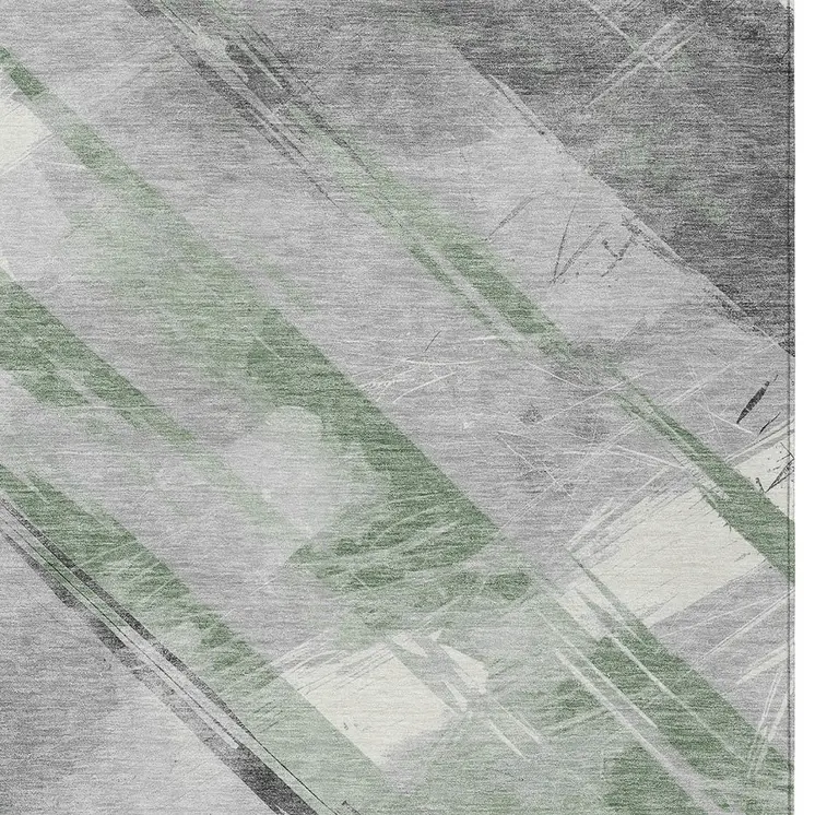 10' X 14' Artichoke Green And Gray Striped Washable Indoor Outdoor Area Rug