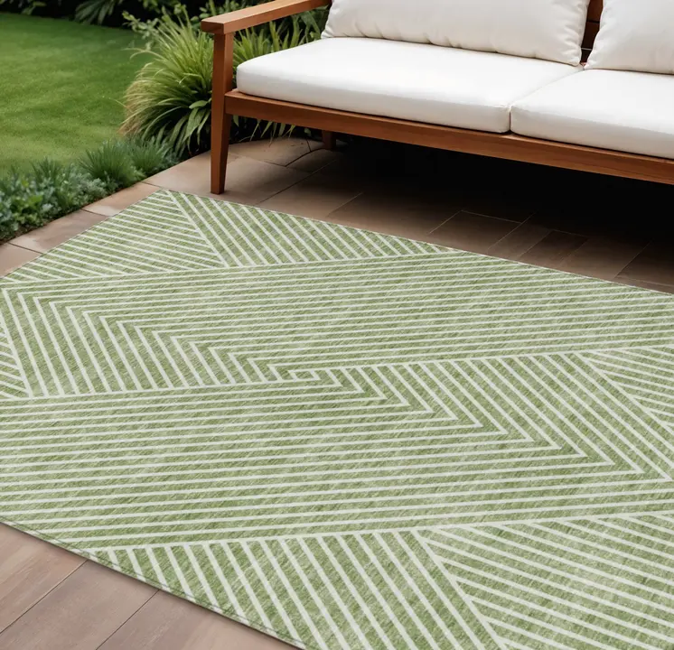 9' X 12' Sage And Ivory Geometric Washable Indoor Outdoor Area Rug