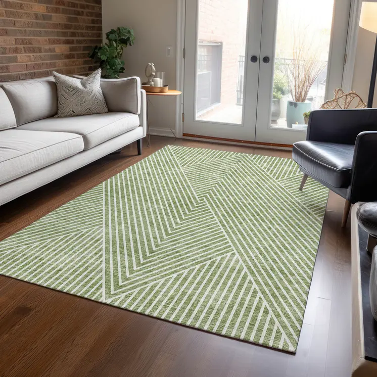 10' X 14' Sage And Ivory Geometric Washable Indoor Outdoor Area Rug