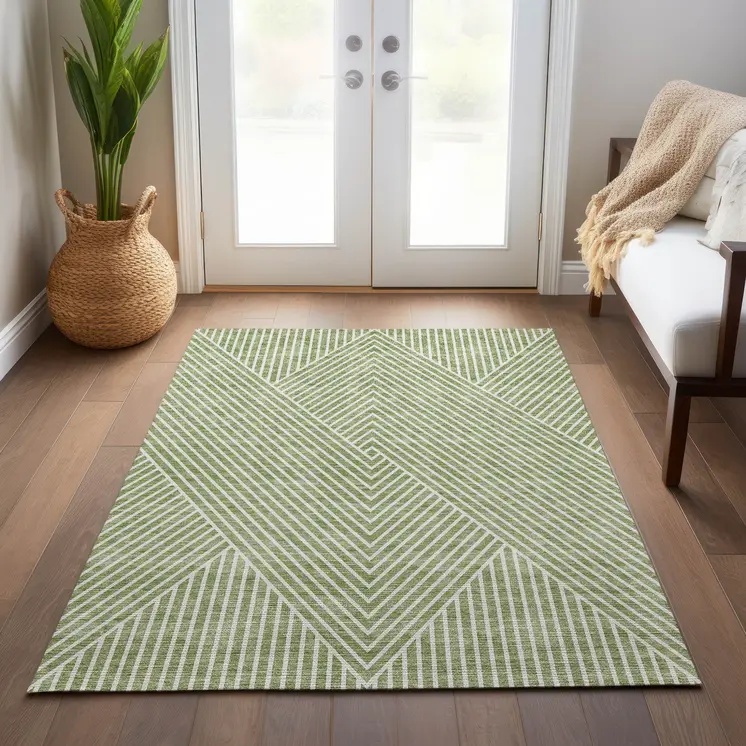 10' X 14' Sage And Ivory Geometric Washable Indoor Outdoor Area Rug