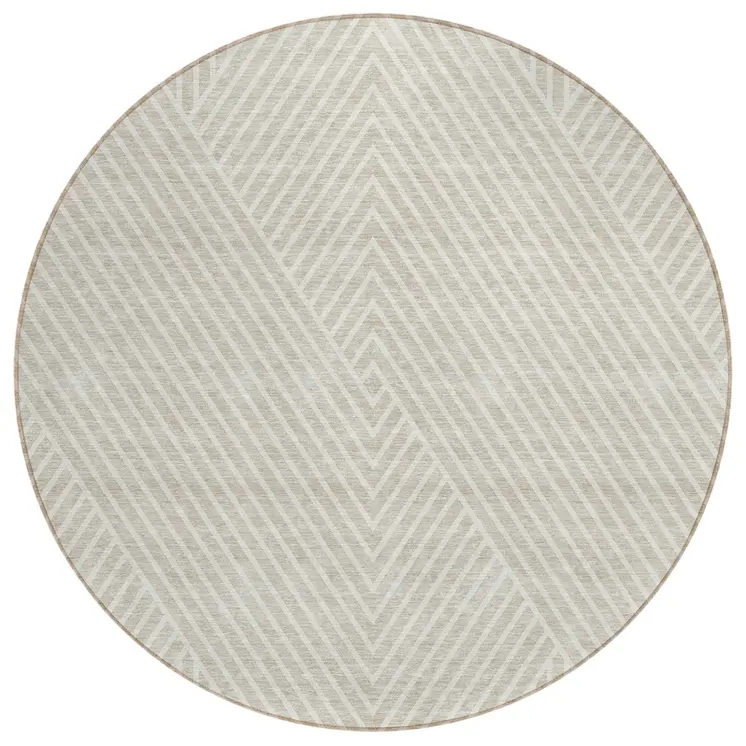 8' Beige And Ivory Round Geometric Washable Indoor Outdoor Area Rug