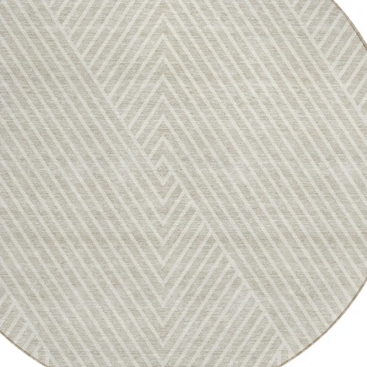 8' Beige And Ivory Round Geometric Washable Indoor Outdoor Area Rug